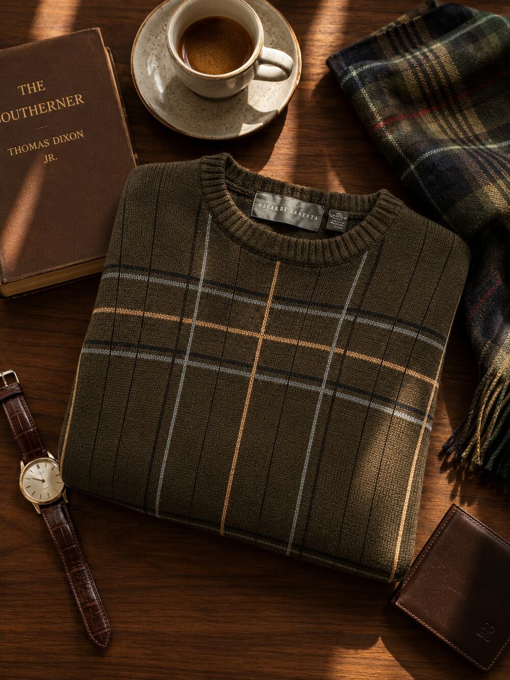 Oscar de la Renta Men's Olive Windowpane Knit Sweater Medium Classic Preppy